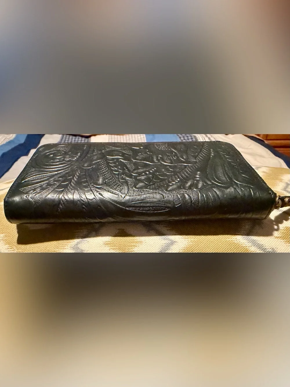 NWOT Beautiful Black Tooled Floral-Embossed Leather Zip-Around Wallet